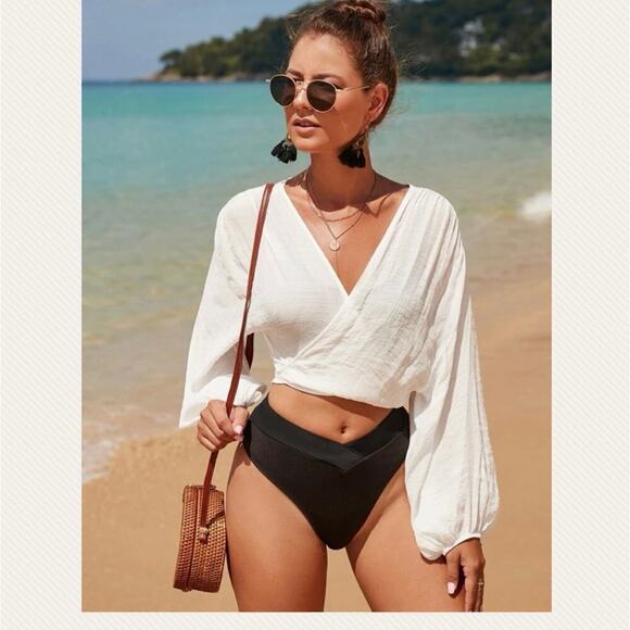 NEW boho beach white long sleeve cover up white sheer wrap top medium - Picture 2 of 4